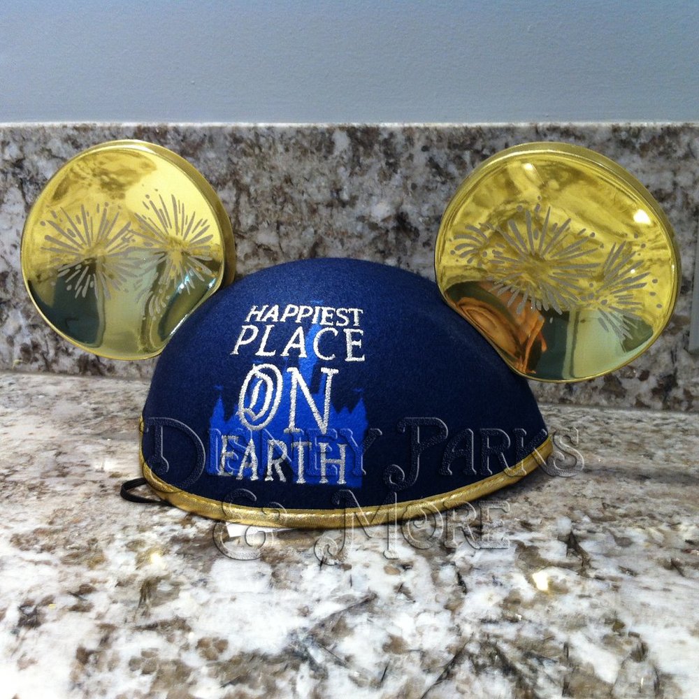 Disney Parks Mickey Ears Hat Gold Fireworks Happiest Place on Earth Castle